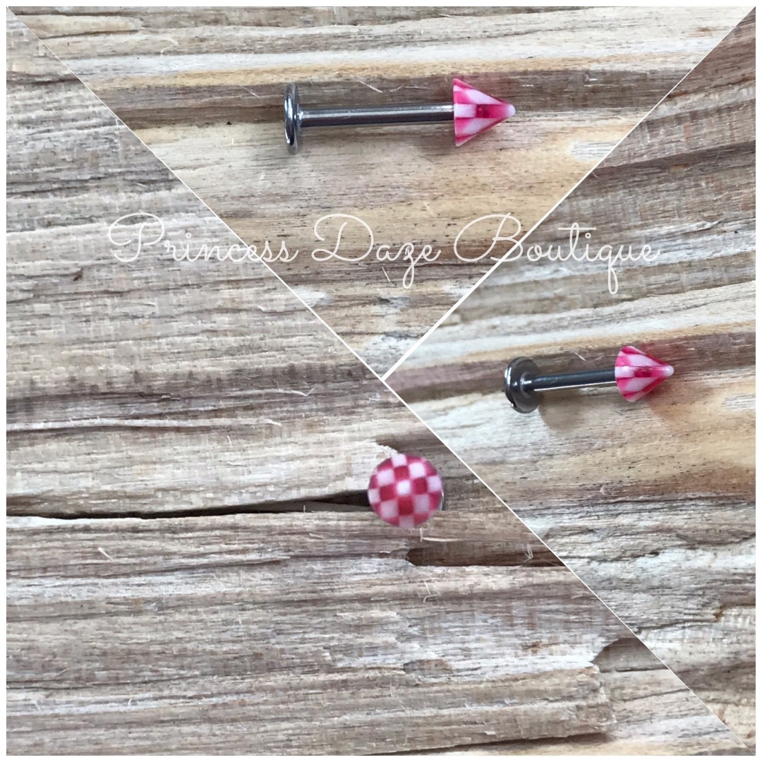 Pink White Gingham Checkerboard Cone Labret Monroe Piercing Jewelry